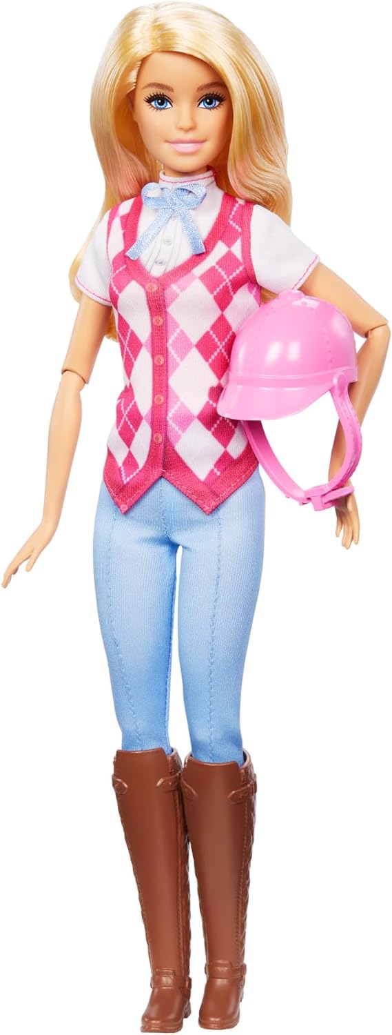 Poupée Barbie « Malibu » en gilet d'équitation rose à losanges, pantalon, bottes et casque